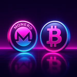 Glossy neon Monero and Bitcoin coins with glowing reflections and 1980s chrome style