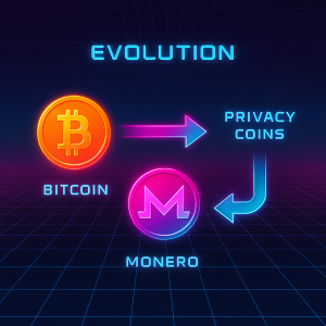Timeline showing evolution from Bitcoin to privacy coins, with neon arrows and retro grid background