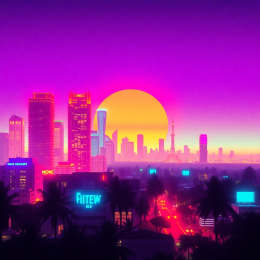 Neon-lit 1980s city skyline with glowing skyscrapers, palm trees, and a retro sunset horizon