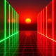 Retro perspective grid with neon lines receding toward a sunset