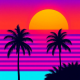 Neon sunset with horizontal stripes and palm trees