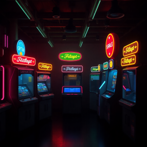 Neon group of vendors with glowing outlines and retro arcade background