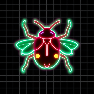 Neon bug icon with glowing effect and retro grid background