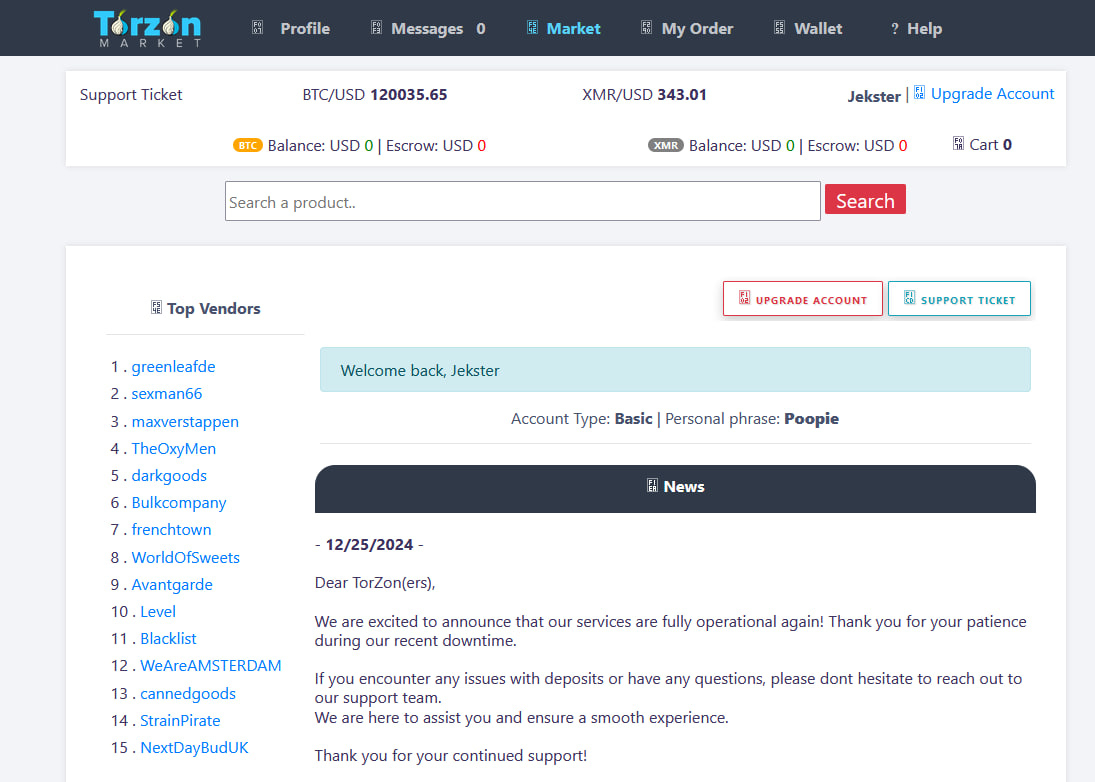 UI screenshot of Torzon Darknet marketplace, featuring neon-lit panels, retro grid backgrounds, and 1980s-inspired icons